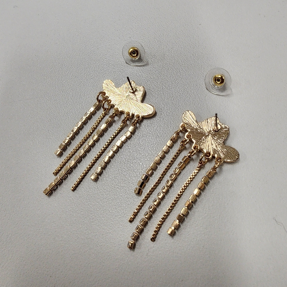Pink Enamel Cowgirl Hat Earrings Rhinestone Tassels & Gold Chain Fringe Western - Picture 6 of 7